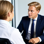 A professional Dutch wealth manager, fully clothed in a modest business suit, seated across from a client, also in appropriate business attire, in a bright, modern office setting. They are engaged in an empathetic, focused discussion, with open body language. The scene emphasizes trust and active listening. Safe for work, appropriate content, professional, family-friendly, perfect anatomy, correct proportions, natural pose, well-formed hands, proper finger count, natural body proportions, professional photography, high quality, realistic.