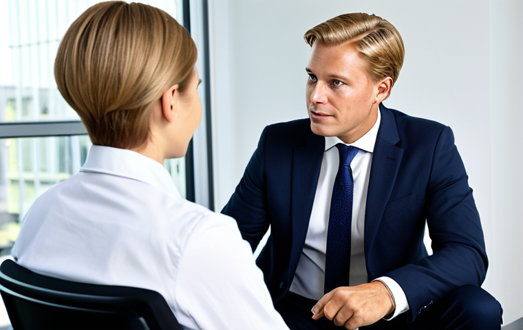 A professional Dutch wealth manager, fully clothed in a modest business suit, seated across from a client, also in appropriate business attire, in a bright, modern office setting. They are engaged in an empathetic, focused discussion, with open body language. The scene emphasizes trust and active listening. Safe for work, appropriate content, professional, family-friendly, perfect anatomy, correct proportions, natural pose, well-formed hands, proper finger count, natural body proportions, professional photography, high quality, realistic.