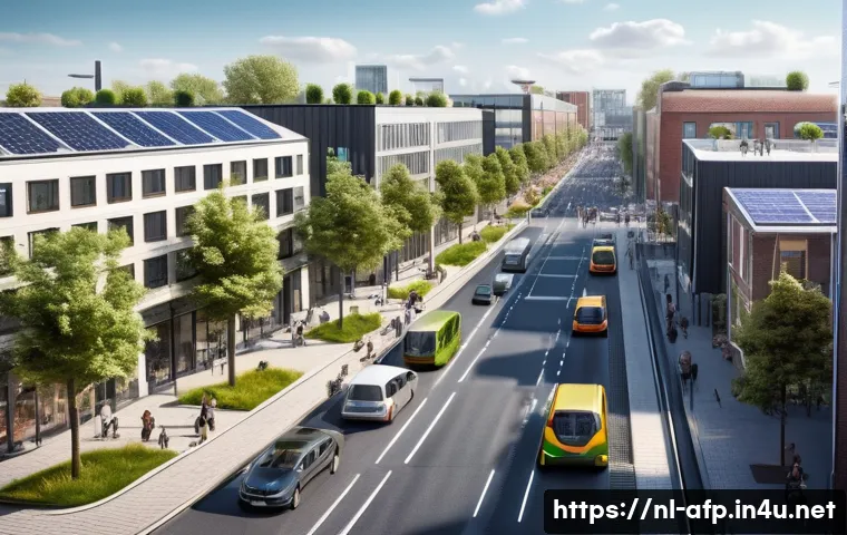 AFP 시험에서 자주 출제되는 사례 - A detailed illustration of a modern Dutch cityscape featuring a bustling bicycle-friendly street wit...