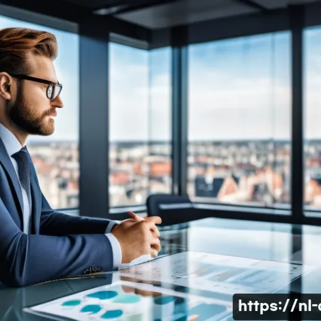 AFP 자격증으로 성공한 전문가 인터뷰 - A professional financial advisor in a modern Amsterdam office, wearing business casual attire, confi...