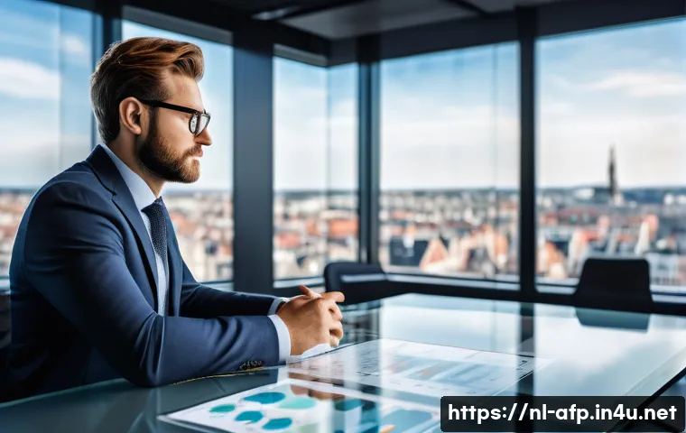 AFP 자격증으로 성공한 전문가 인터뷰 - A professional financial advisor in a modern Amsterdam office, wearing business casual attire, confi...