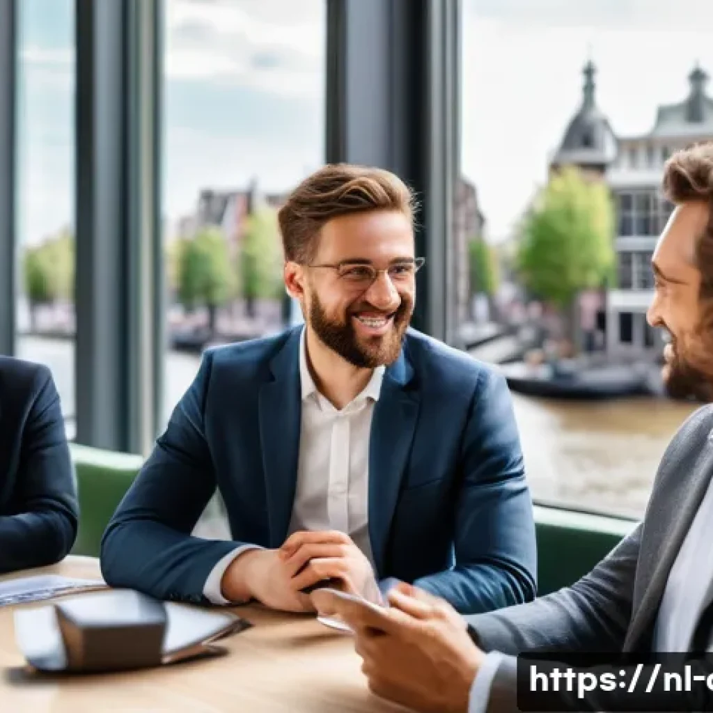 자산관리사 이직 성공 전략 - A professional networking event in Amsterdam, featuring diverse Dutch financial professionals in bus...