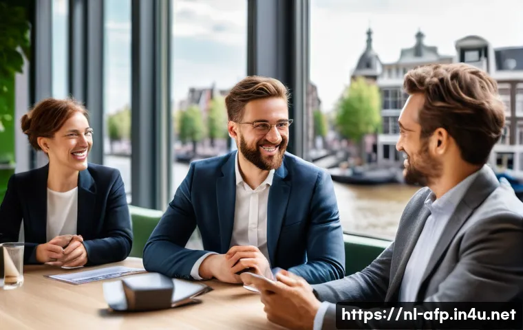 자산관리사 이직 성공 전략 - A professional networking event in Amsterdam, featuring diverse Dutch financial professionals in bus...
