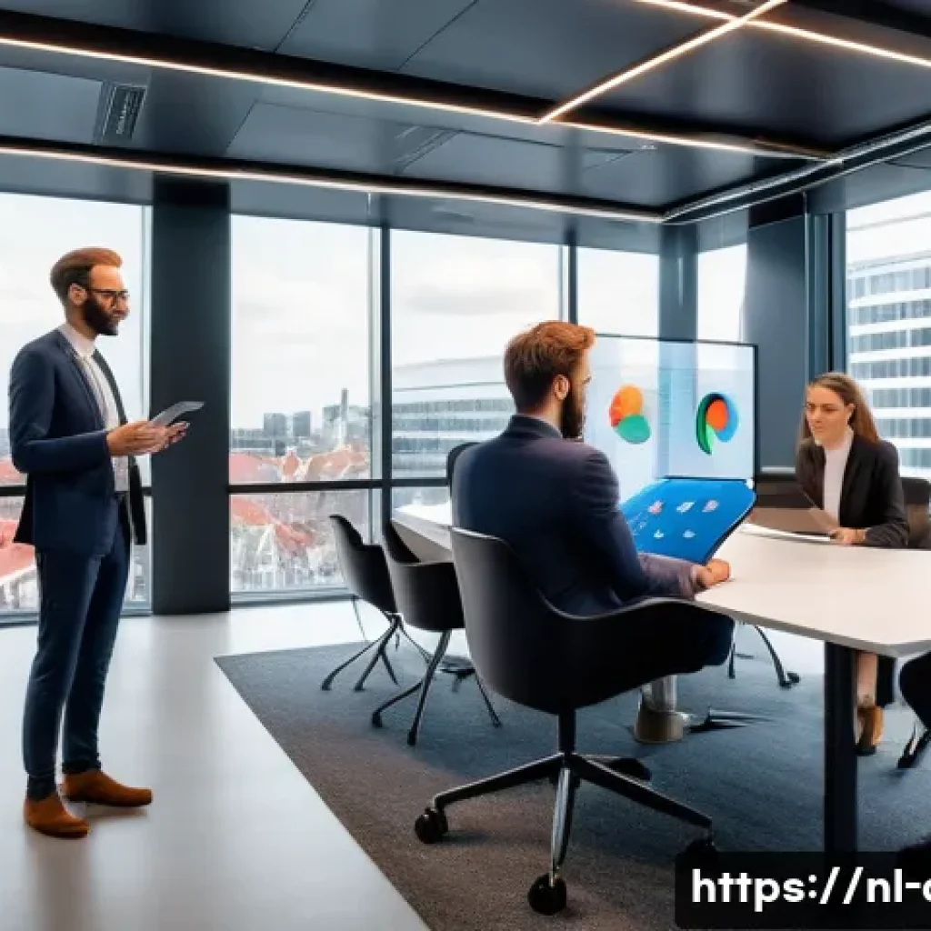 자산관리사의 이직 시장 동향 - A modern office scene in Amsterdam featuring a diverse team of financial professionals collaborating...