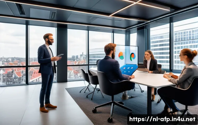 자산관리사의 이직 시장 동향 - A modern office scene in Amsterdam featuring a diverse team of financial professionals collaborating...