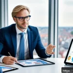자산관리사 자격증의 가치와 전망 - A professional Dutch financial advisor in a modern office setting, wearing business attire and eyegl...