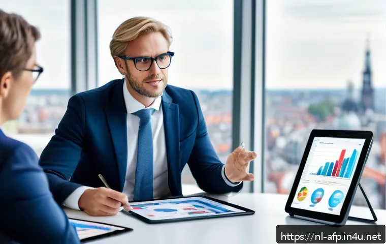 자산관리사 자격증의 가치와 전망 - A professional Dutch financial advisor in a modern office setting, wearing business attire and eyegl...
