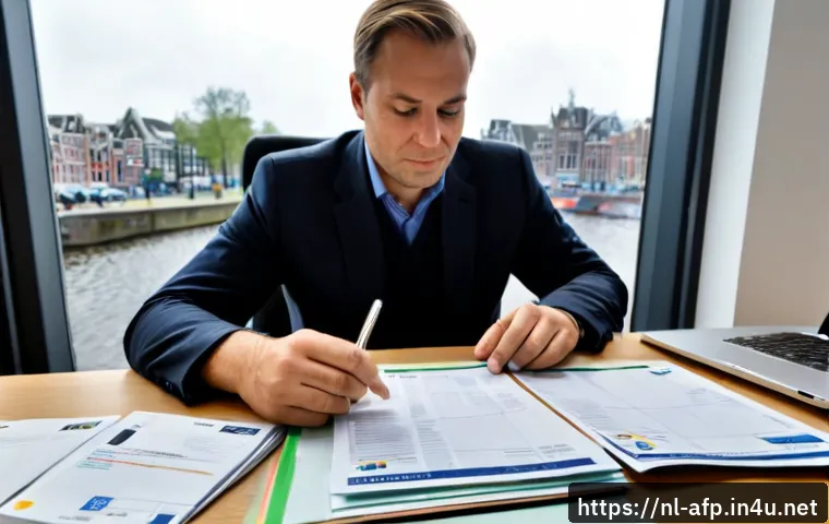 Home 17 자산관리사의 업무 관련 법규 - Photorealistic Dutch financial adviser in a modern Amsterdam office reviewing compliance documents w...